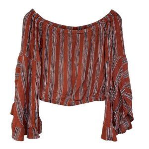 Alter'd State Boho Crop top Size Medium 3/4 Ruffle sleeves Rayon Stripe Rust
